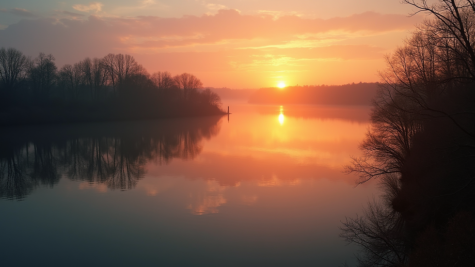 High angle view of a sunset reflecting over a tranquil lake