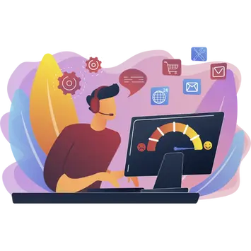 Operatore con cuffia al computer che monitora la soddisfazione clienti tramite un indicatore a semaforo, mentre icone di email, shopping, supporto e strumenti digitali fluttuano attorno.