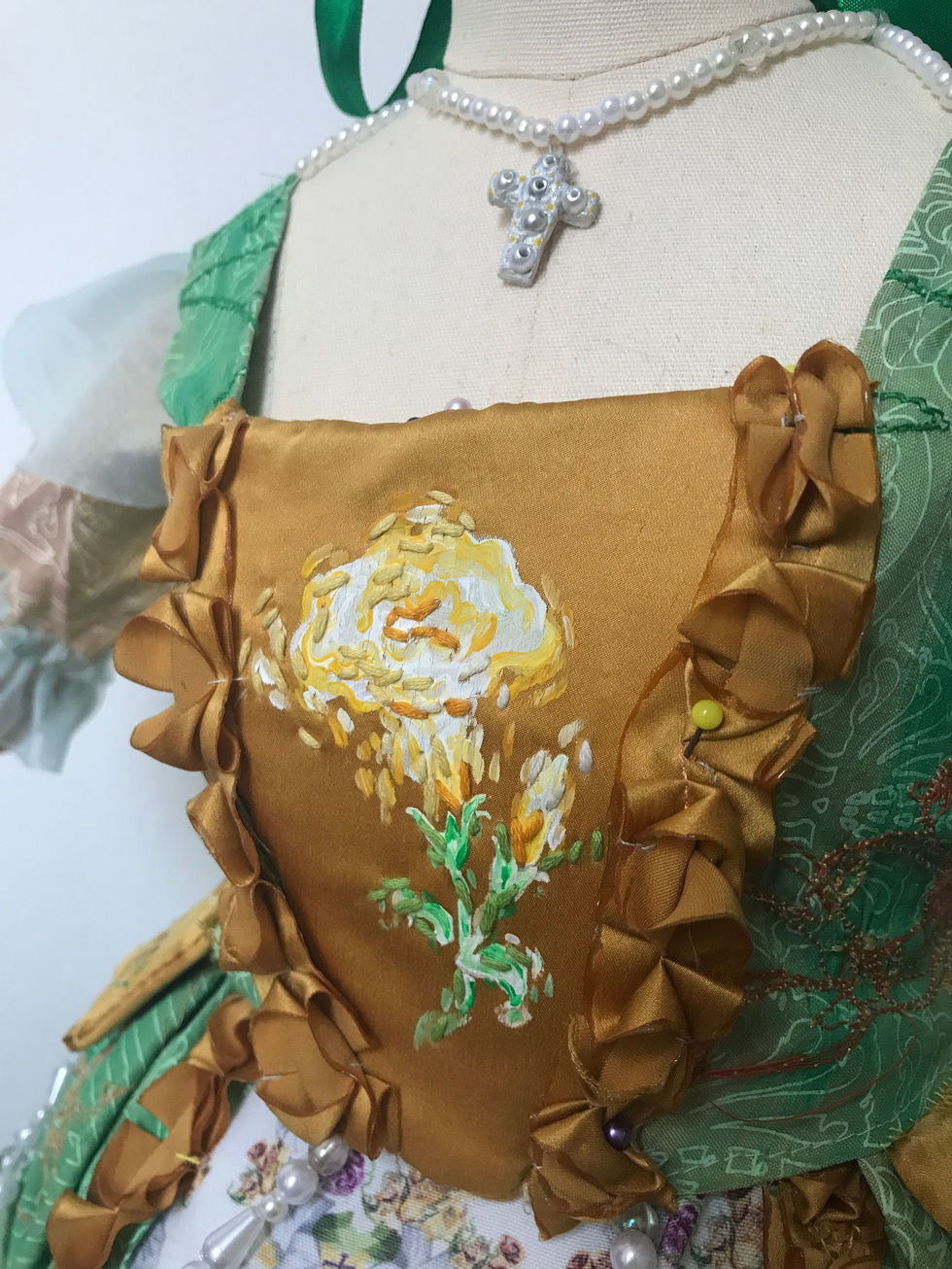 Detail of costume design for Madame de Tourvel on a half scale mannequin.