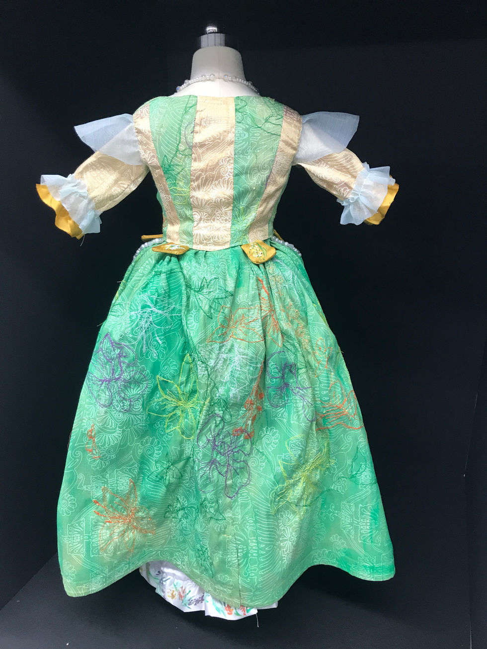Back view: costume design for Madame de Tourvel on a half scale mannequin.