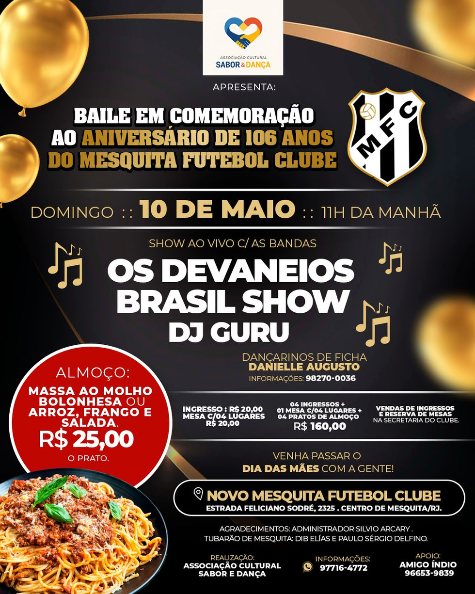 No dia 10 de maio de 2026, a quadra do novo Mesquita Futebol Clube vai tremer de emoção, música e celebração!
