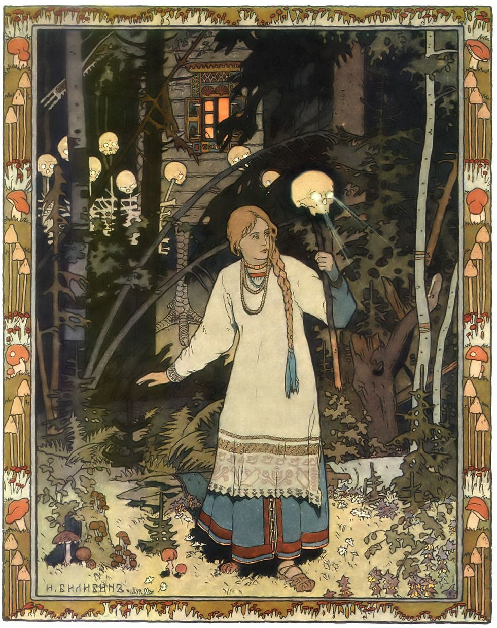 Vasalisa with skull in the woods.