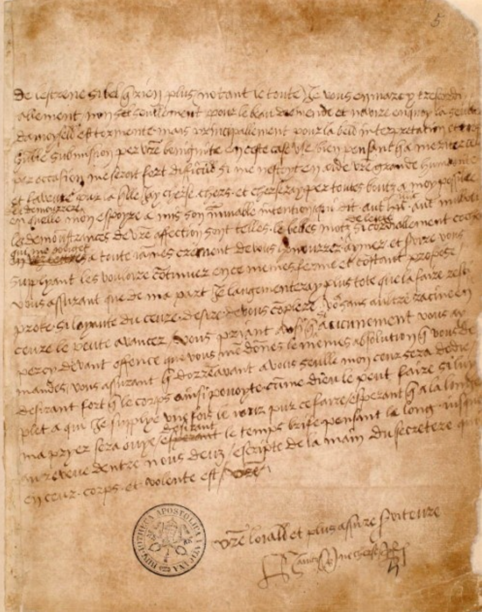 Stained parchment with slanted writing on it and the royal seal.