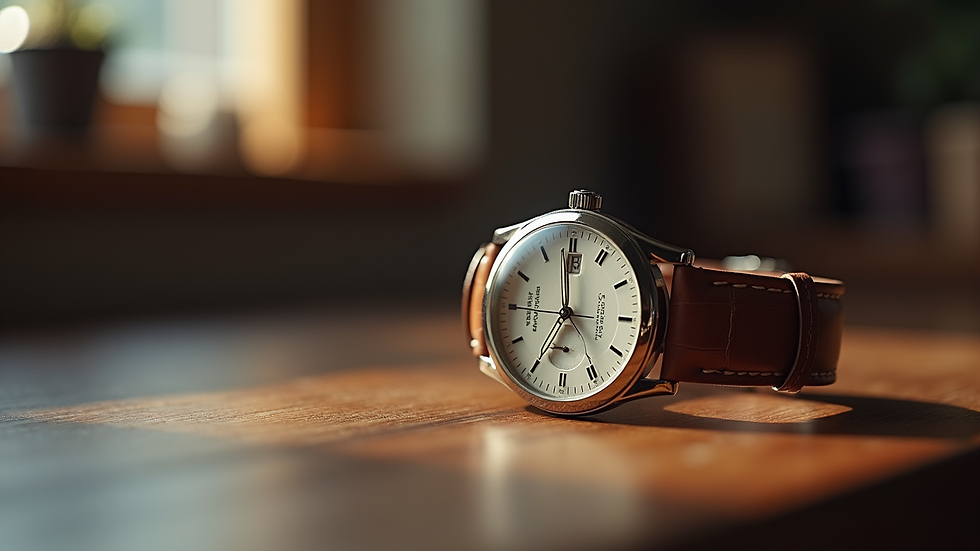 Eye-level view of a classic wristwatch on a wooden surface