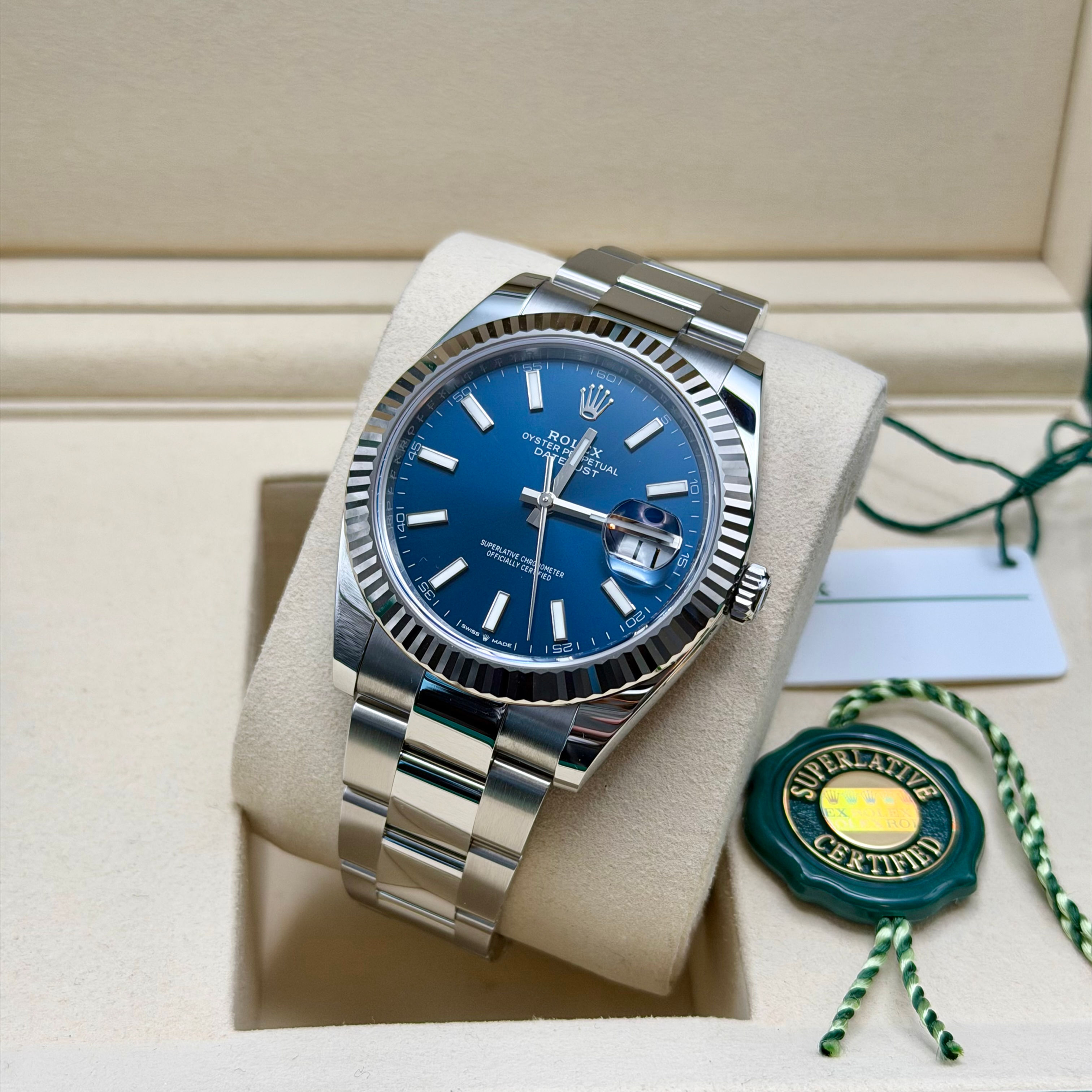 2026 Rolex Blue Stick Dial Datejust 41 BNIB Full Set. Ref: 126334