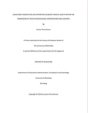University of Manitoba thesis: Educators' perspectives of supporting students' mental health within the framework of positive behavioural interventions and supports.