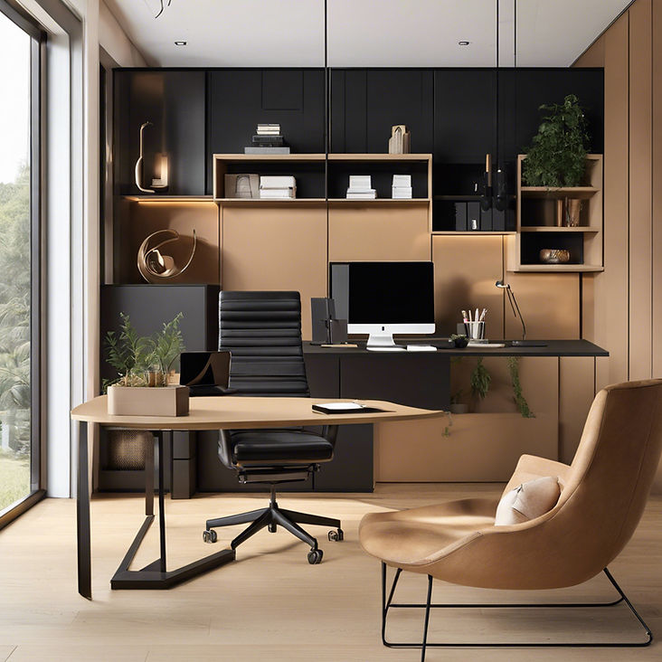 Modern home office with black and beige furniture