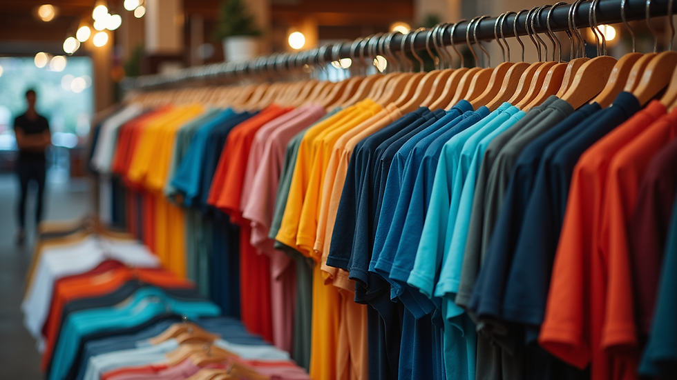 Eye-level view of a colorful custom t-shirt display at a local market