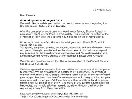 Board - Shuntai update to Parents 25 August 2025