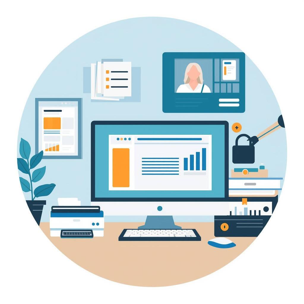 Bureau avec ordinateur, imprimante et graphiques ; contexte professionnel ou de travail.