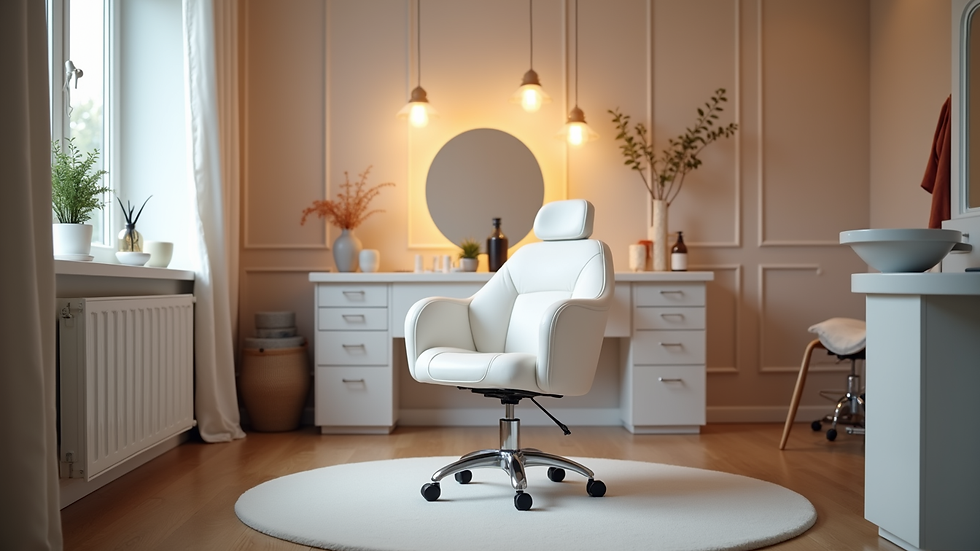 Eye-level view of a beauty studio treatment room with a brow chair and equipment