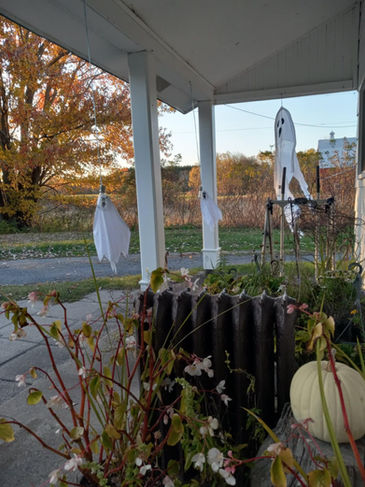 View to my right of where I was writing on the back porch with more decorations