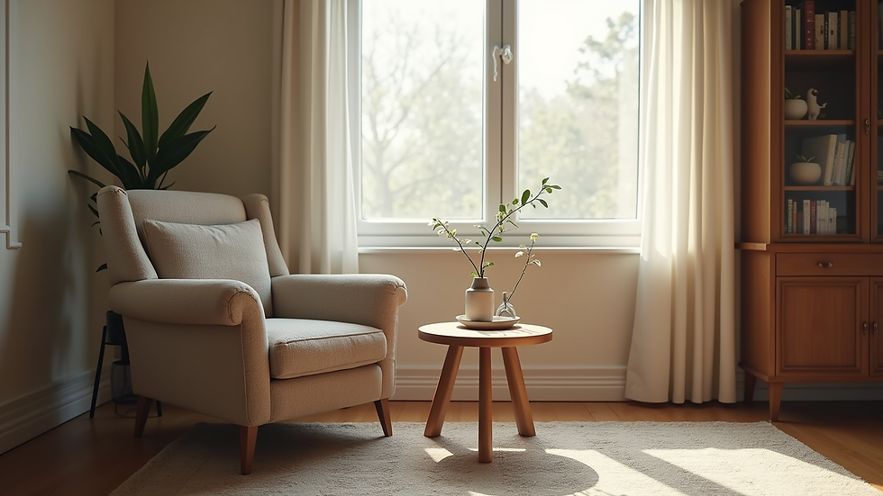 Eye-level view of a cozy living room with a comfortable chair and a small table