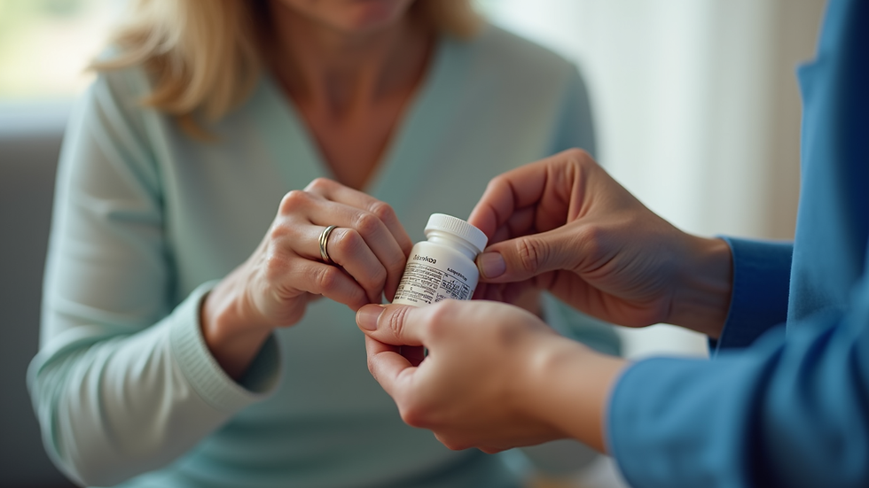 Close-up view of a caregiver’s hand gently assisting a senior with medication
