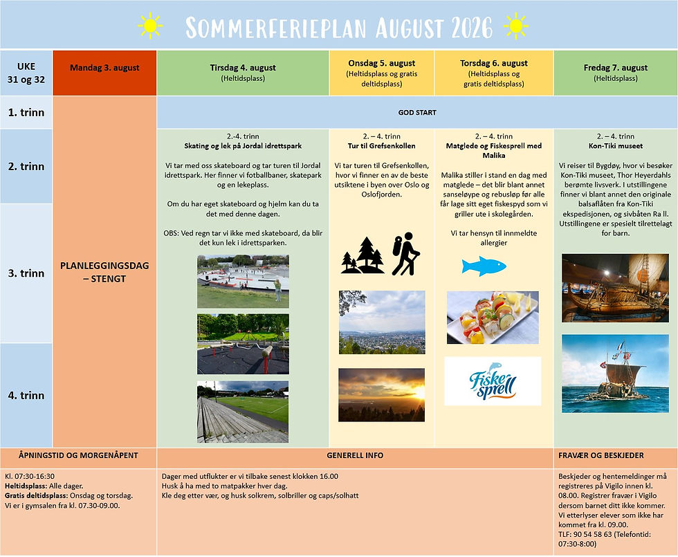Sommerferieplan for august - med forbehold om at endringer kan forekomme.