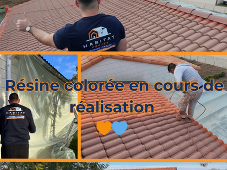 Application de résine colorée sur toiture par Habitat Projet après nettoyage, pour rénover et protéger durablement les tuiles.