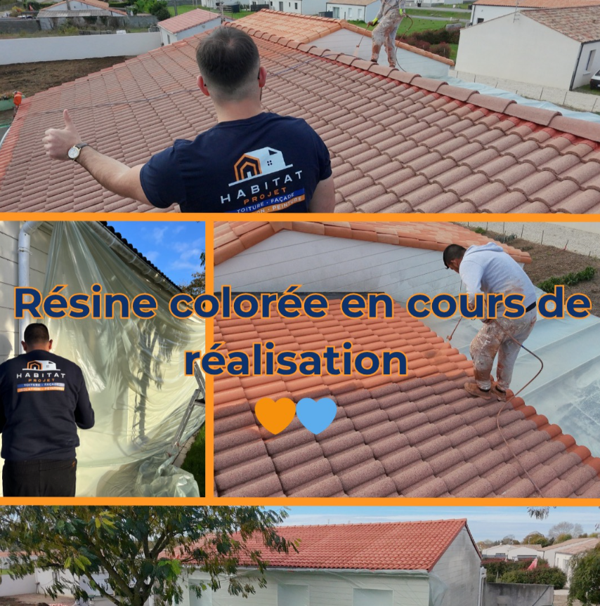 Application de résine colorée sur toiture par Habitat Projet après nettoyage, pour rénover et protéger durablement les tuiles.