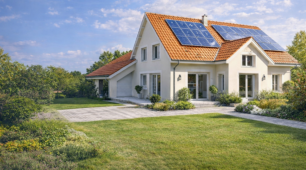 Maison individuelle équipée de panneaux solaires avec toiture en tuiles et jardin soigné