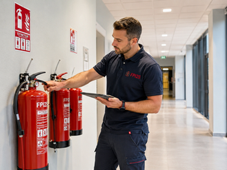 Technicien FPI2S vérifiant des extincteurs dans un ERP ou une entreprise à Bordeaux