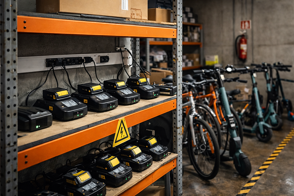 Zone de recharge et de stockage de batteries lithium-ion dans un environnement professionnel, présentant un risque incendie