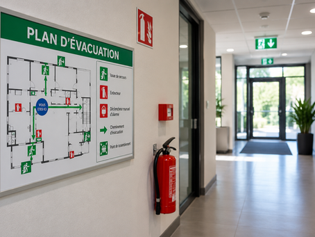 Signalisation incendie avec issue de secours et extincteur dans un ERP