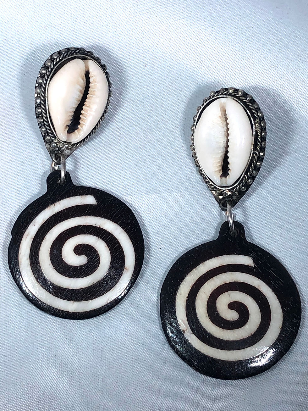 Earrings cowrie shell silver bezel batiked bone mudcloth spiral bead