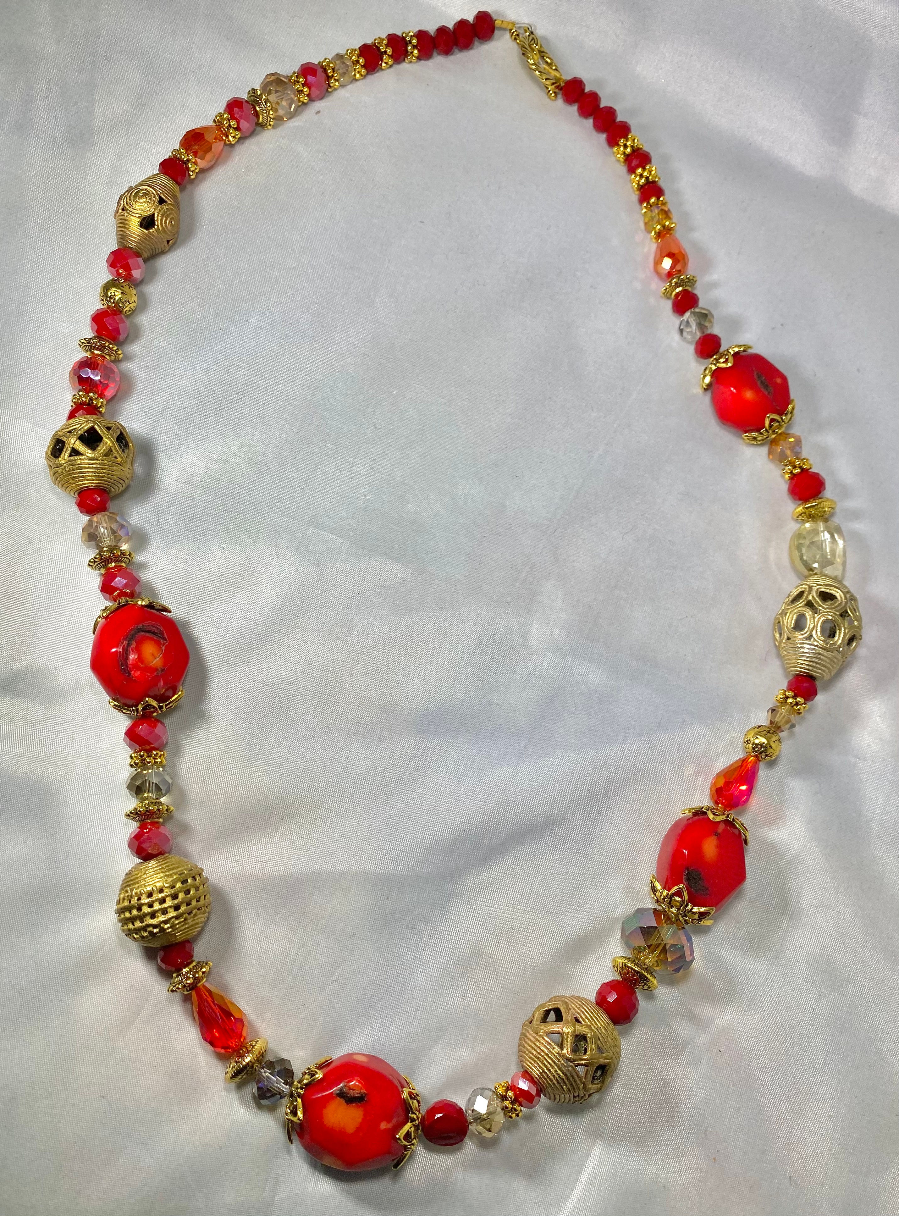 Necklace handmade red coral antique West African Ashanti bronze beads Austrian c