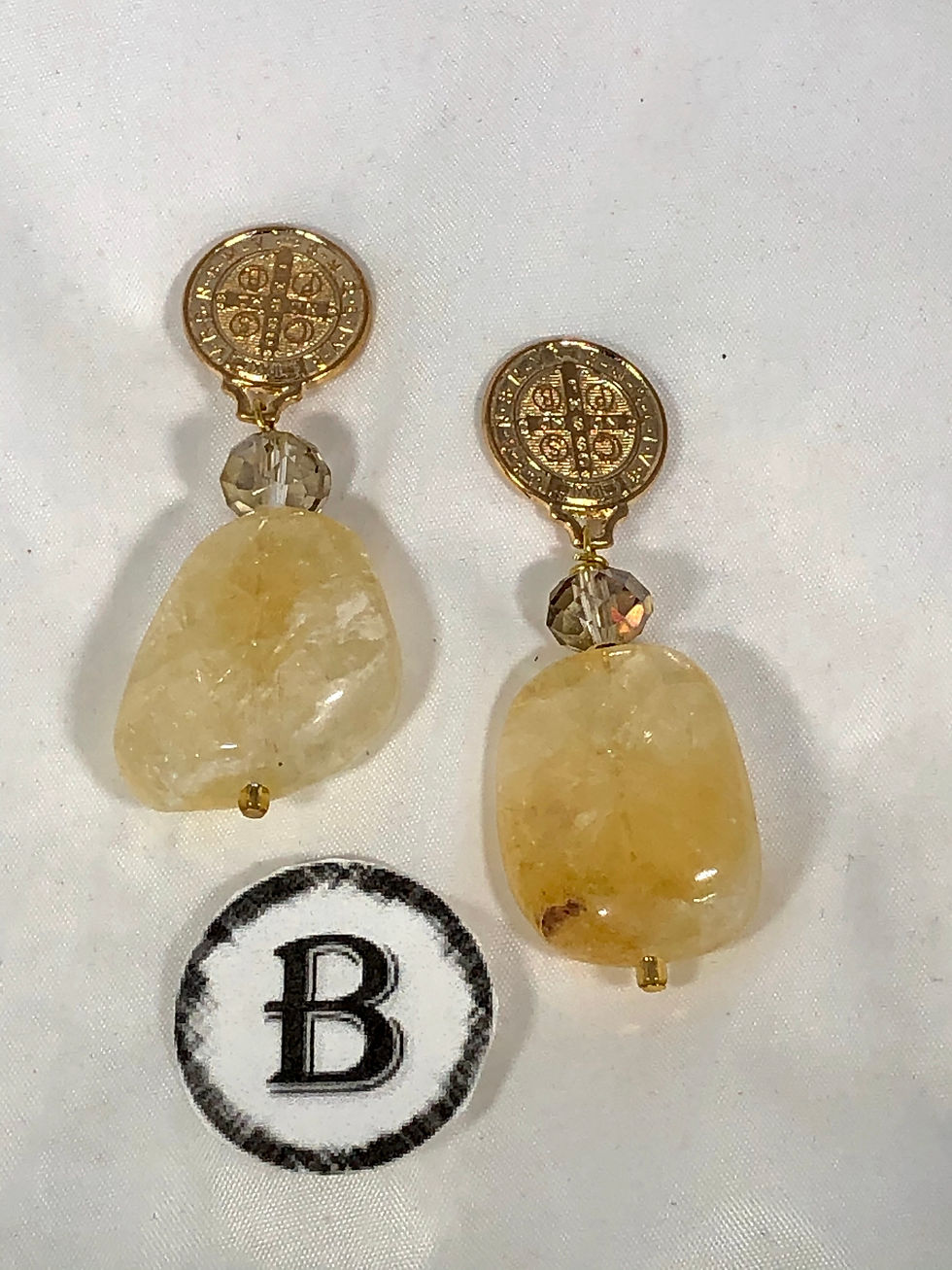 Thumbnail: Earrings handmade clip-on pierced Citrine gold / brass / silver plated long