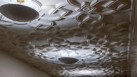The finished result — fully restored 1927 ornamental plaster ceiling at The Waymark Hotel, Chattanooga, TN. From delaminated and damaged to landmark-worthy, by Dream Team Finishes