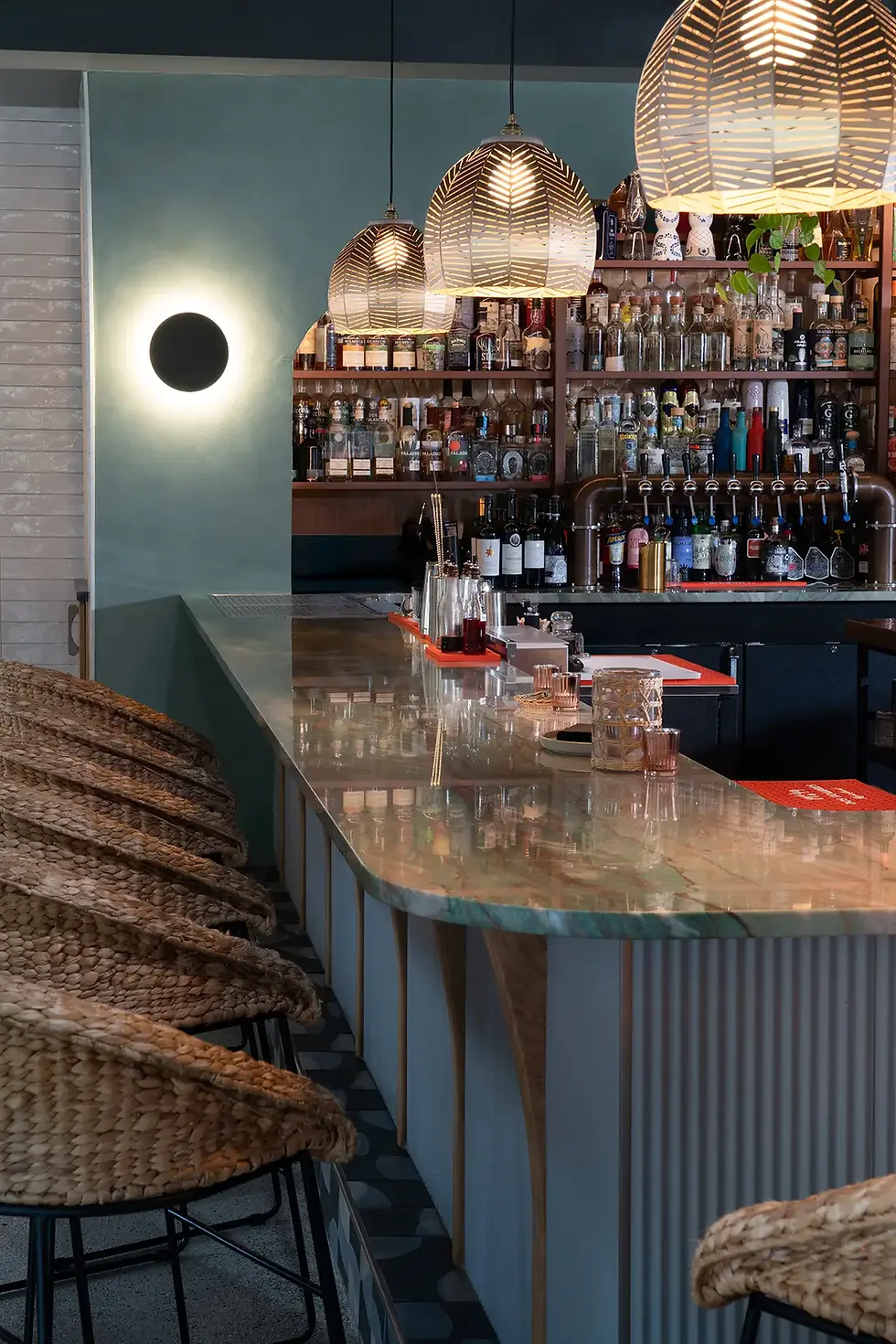 Roman Clay accent wall installation | Little Coyote bar, Chattanooga, TN | Portola Paints Roman Clay specialty finishes by Dream Team Finishes, Southeast restaurant finishing contractor