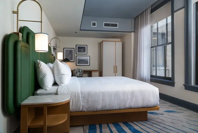 Guest room with custom commercial painting and specialty finishes at The Waymark Hotel, Tapestry Collection by Hilton, Chattanooga, TN, by Dream Team Finishes