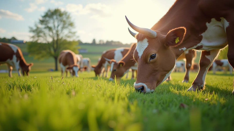 Eye-level view of cattle grazing on lush green pasture