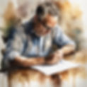 Watercolor painting of a man sitting at a table writing on a piece of paper, facing right_
