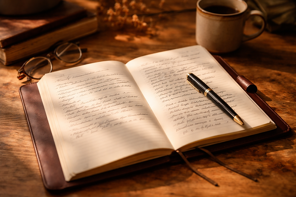 Handwritten journal with personal stories and memoir notes