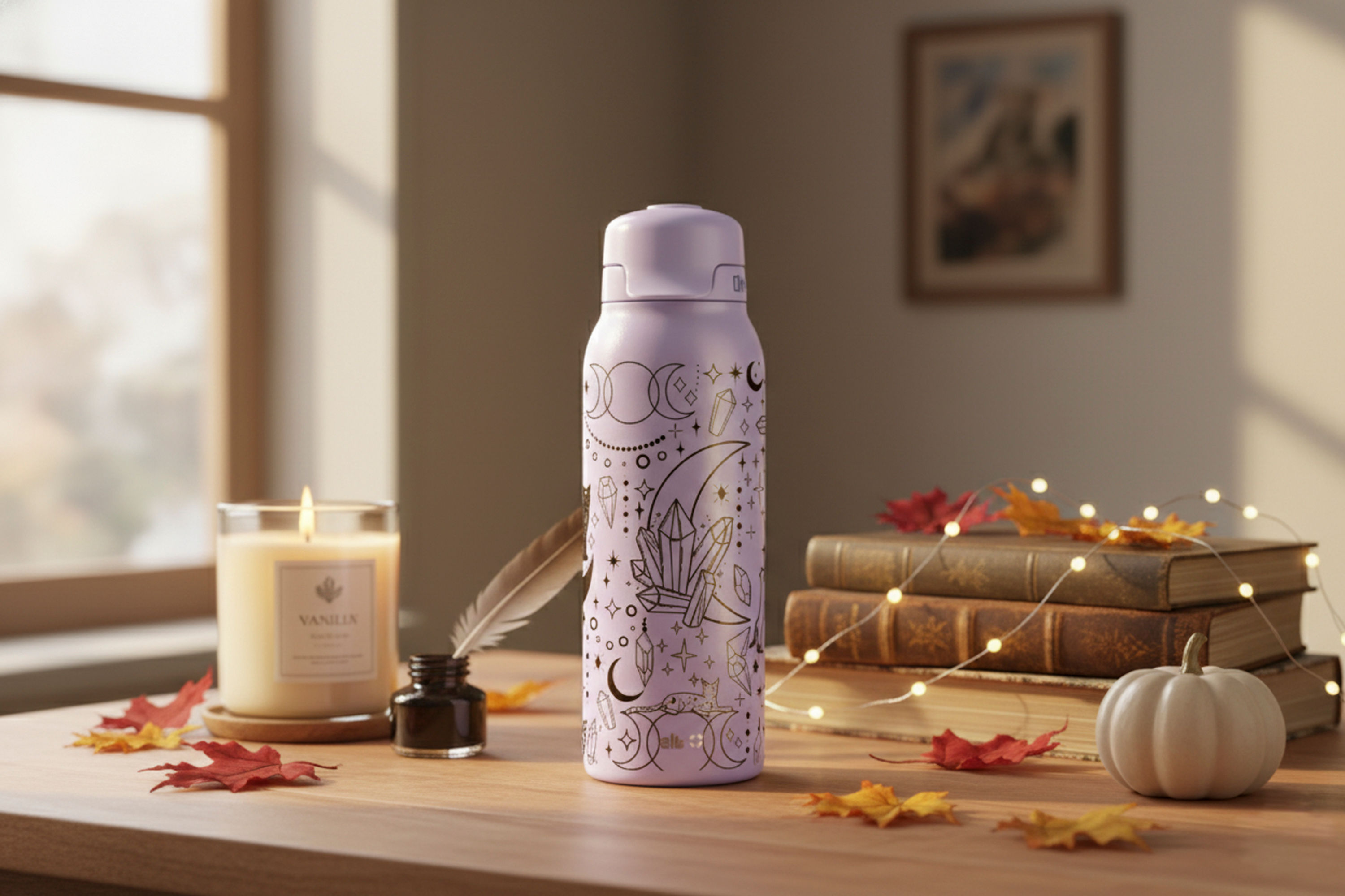Celestial Cat & Crystals 24oz Tumbler | Witchy Hydration Bottle
