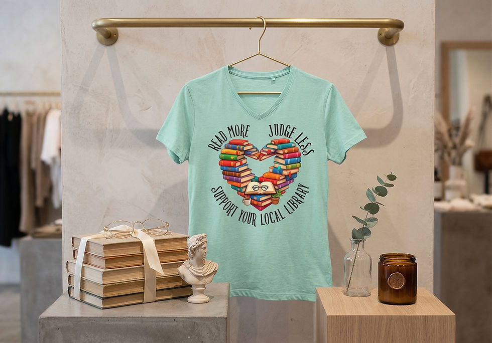 Thumbnail: "Read More Judge Less" Book Heart V-Neck | Support Your Local Library Tee