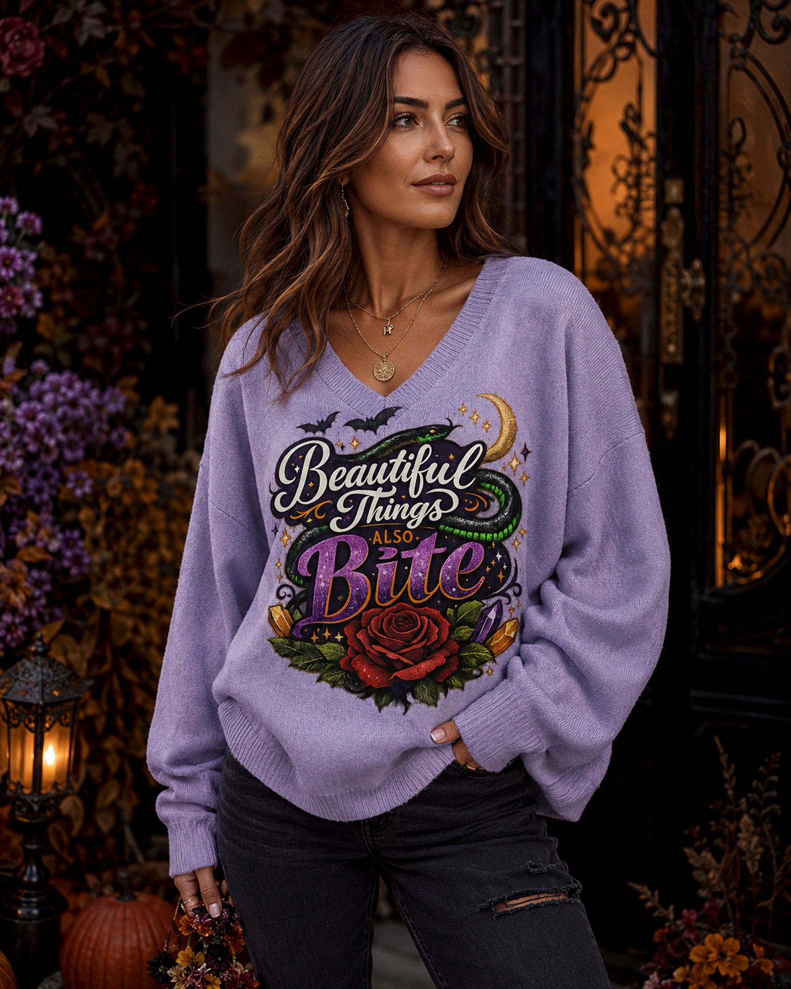Beautiful Things Also Bite" V-Neck Sweater | Dark Romance & Spooky Season