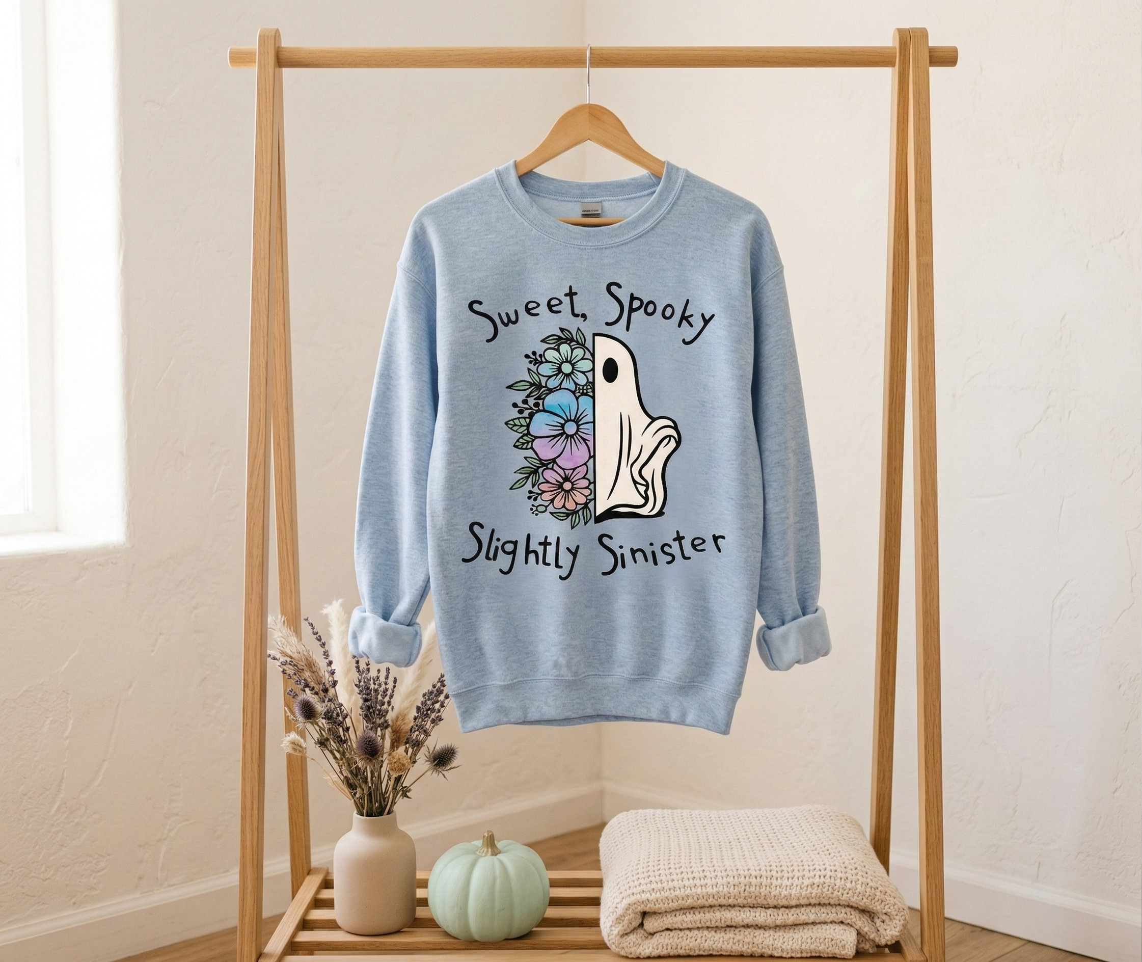 "Sweet, Spooky, Slightly Sinister" Floral Ghost Crewneck | Pastel Goth Sweatshir