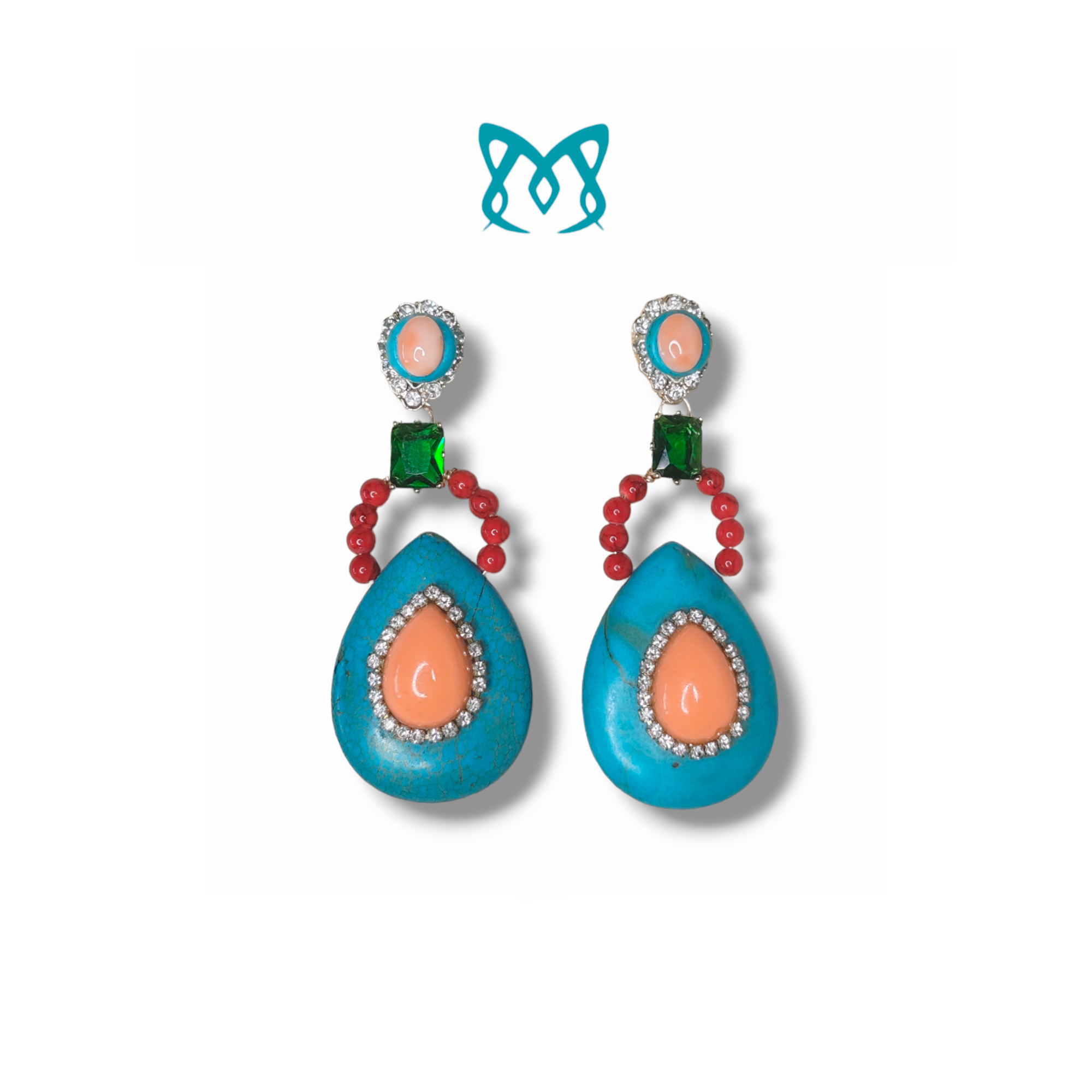 Boucles d'oreilles en Turquoise, Corail Rouge et Rose et Crystal d'Emeraude