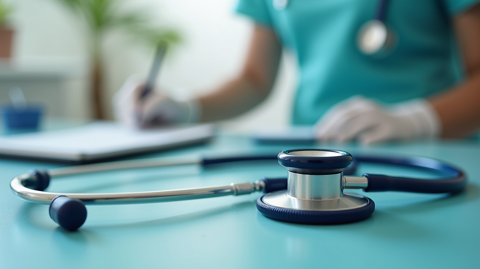 Close-up view of medical supplies and a stethoscope on a home care table