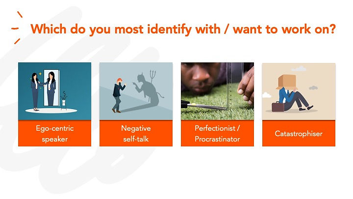 Presentation slide: Which do you identify with: Ego-centric speaker, Negative self-talk, Perfectionist, Catastrophizer.