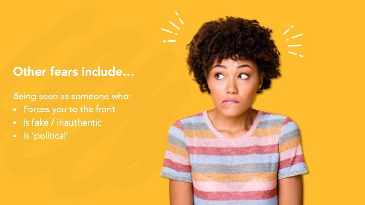 Anxious woman with slide text listing presentation fears: 'Forces you to the front', 'fake', 'inauthentic', 'political'