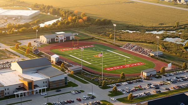 Aerial rendering of LCCP stadium and surrounding campus improvements