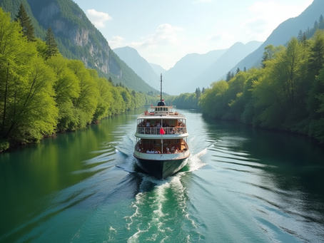 cruise boat traveling down river with trees and mountains through europe