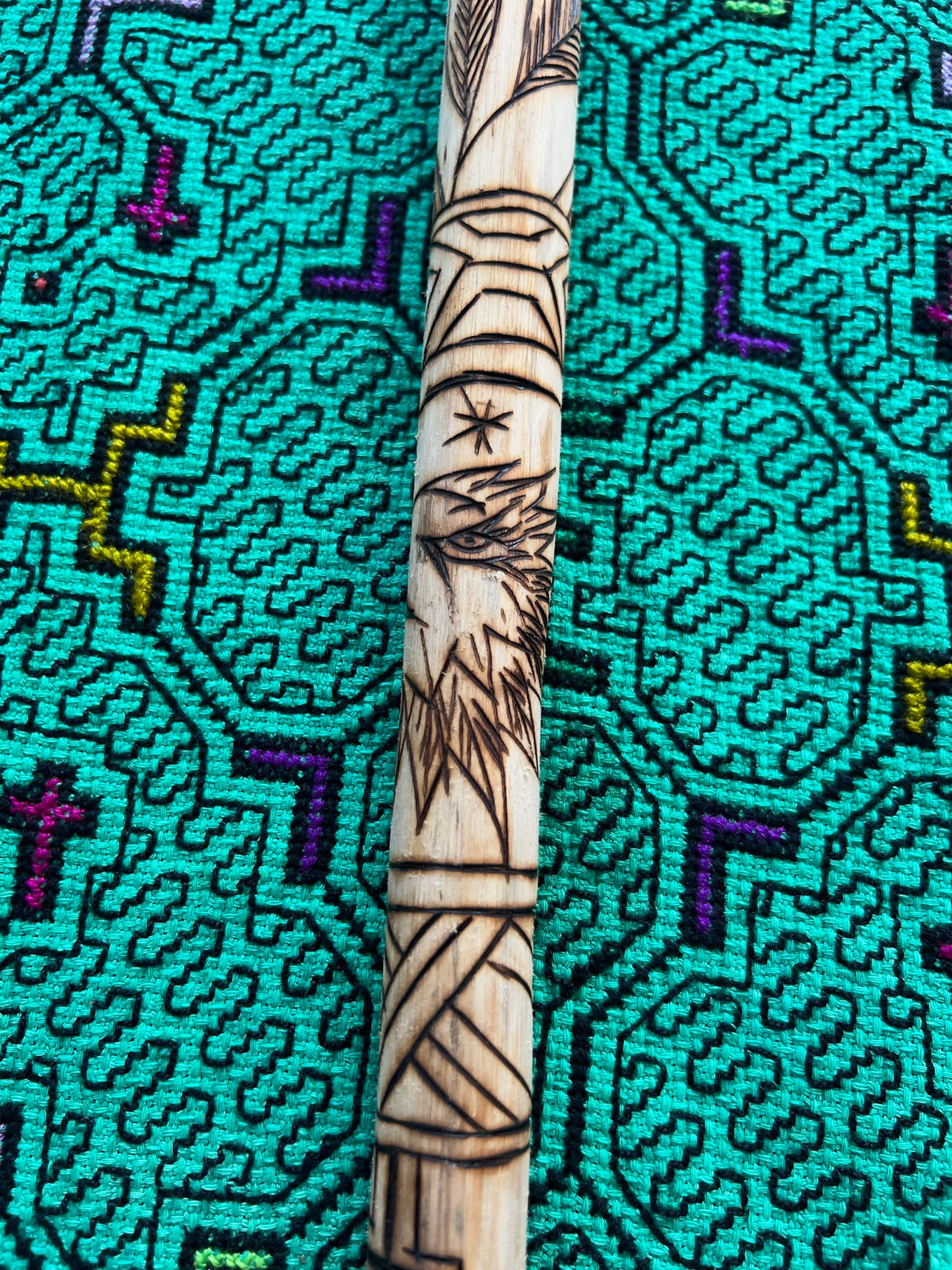 Eagle Small Leaves Shipibo Wood burn 23” Peace Stick