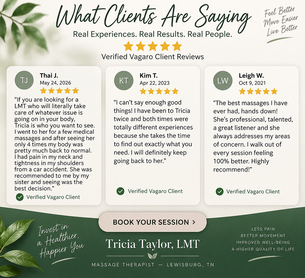 Client review for therapeutic massage in Lewisburg, TN with Tricia Taylor, LMT