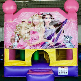Barbie medium jumping castle with built-in slide and basketball hoop for hire in Melbourne