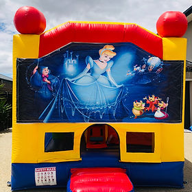Cinderella medium jumping castle with built-in slide and basketball hoop for hire in Melbourne