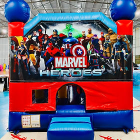 Marvel Heroes medium jumping castle with built-in slide and basketball hoop for hire in Melbourne