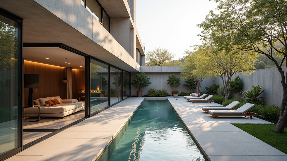 Wide angle view of a luxury architectural exterior with modern design elements
